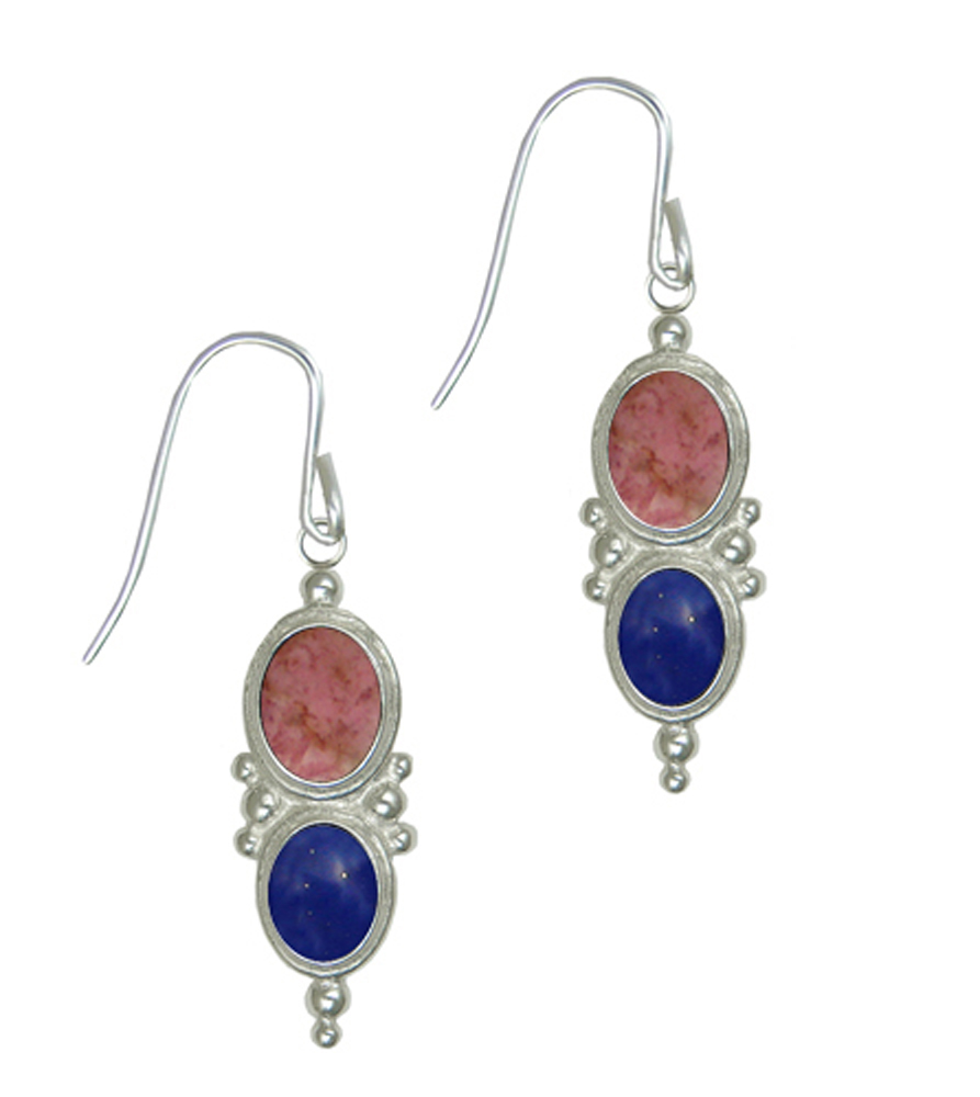 Sterling Silver Drop Dangle Earrings With Rhodonite And Lapis Lazuli